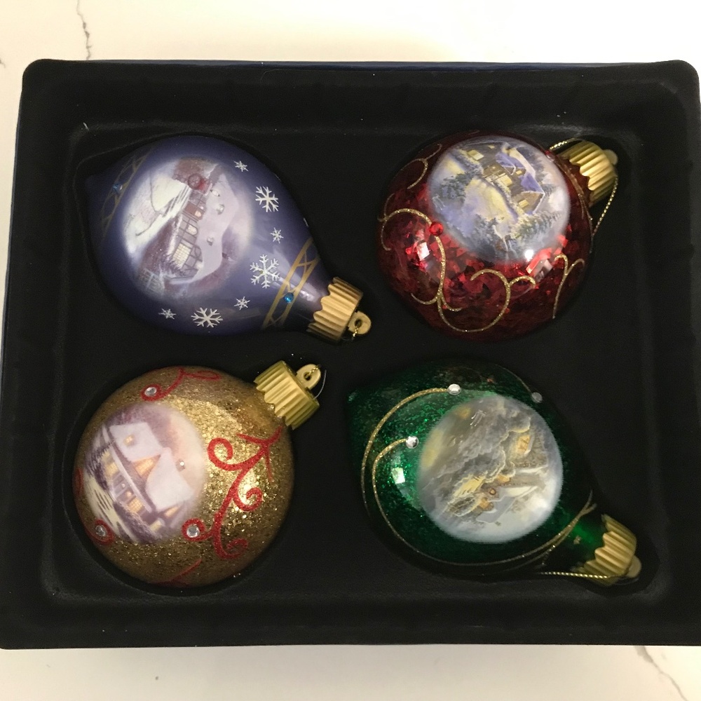 Bradford Exchange 4 Thomas Kinkade Christmas Light up luminary Ornaments NIB